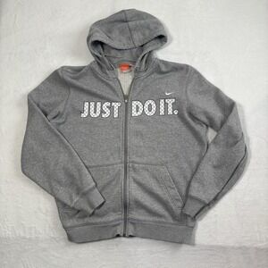 Y2K Nike Full Zip Grey Long‎ Sleeve Hoodie Just Do It Spell Out Women's S Stain